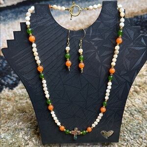 Necklace and Earring Set Cross & Gemstone Beaded HANDMADE Cream, Green, Orange